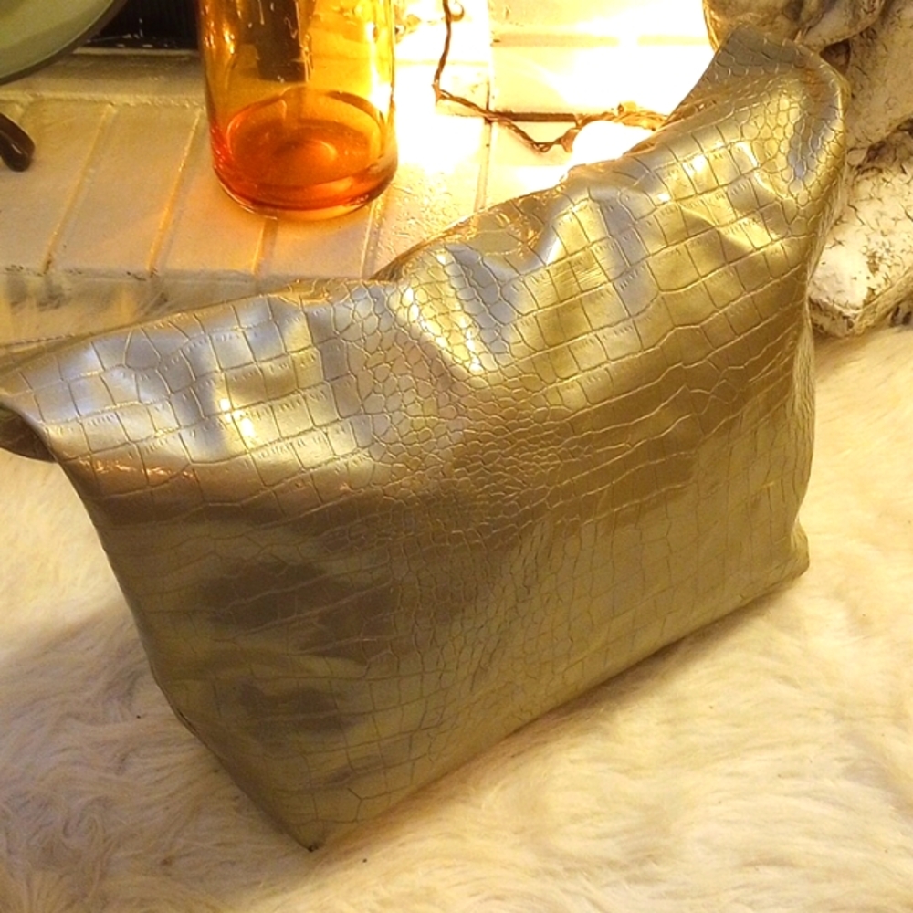 Large Saks Fifth Avenue Tote. Croc embossed. Brass tone. Braided brown straps. - Picture 2 of 11